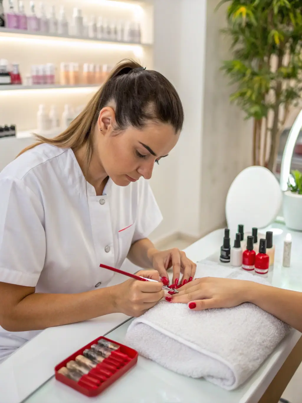 A close-up shot of a woman's hands receiving a manicure, with focus on the nail shaping and cuticle care process.