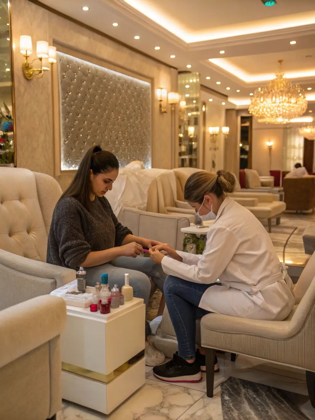 A client receiving a relaxing hand massage during a manicure session in a serene and well-lit nail salon.