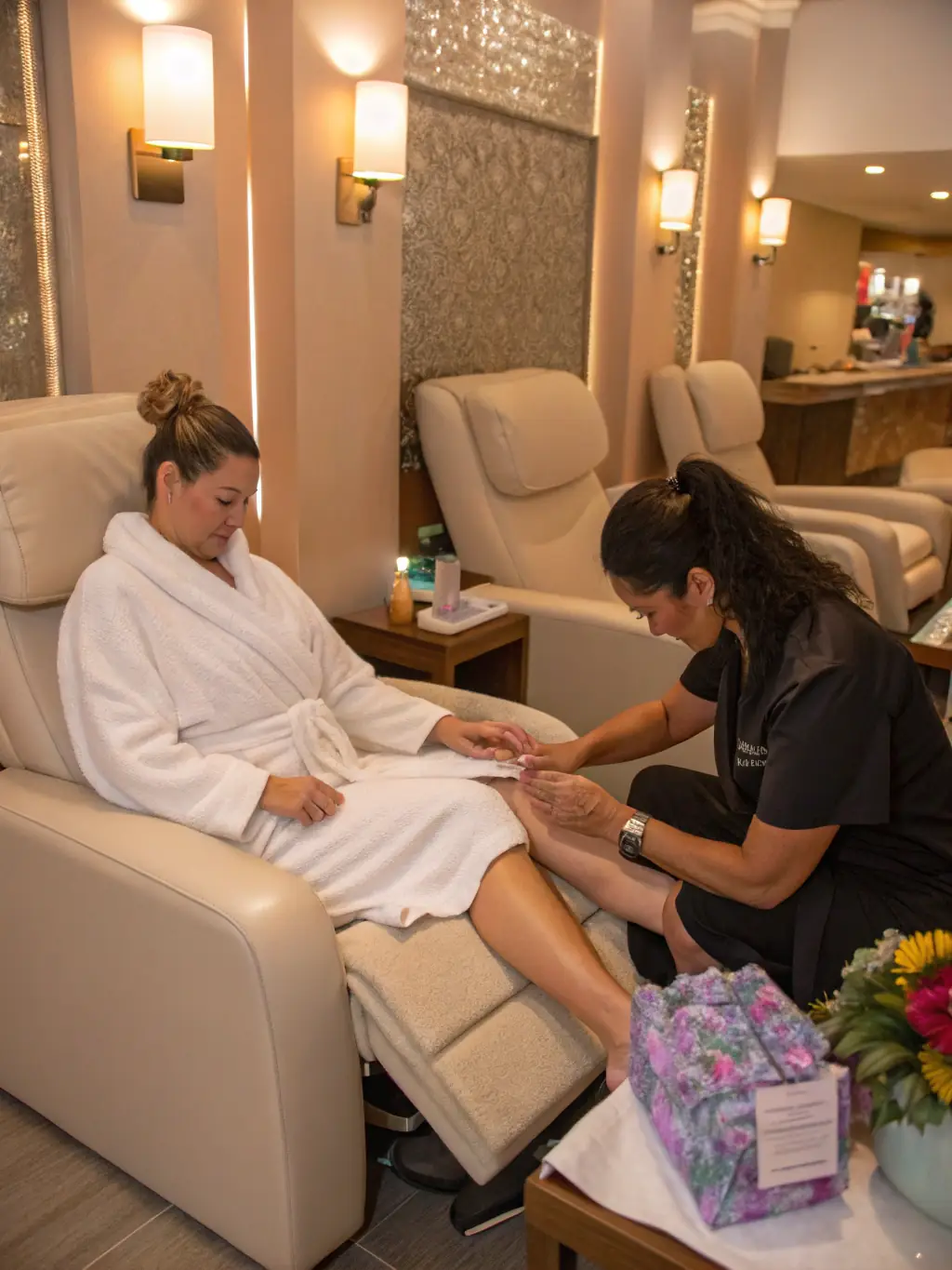 Image showcasing a luxurious pedicure setup with essential oils, bath bombs, and a client enjoying a foot massage.